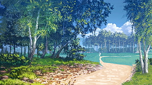 pathway between tall green tree painting, digital art, trees, summer, nature