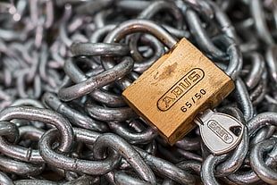brown Abuds padlock with silver key and silver chains