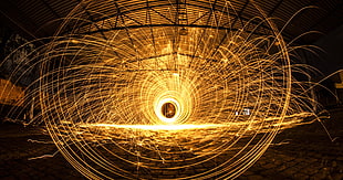 yellow steel wool photo, construction, fire, factory, long exposure
