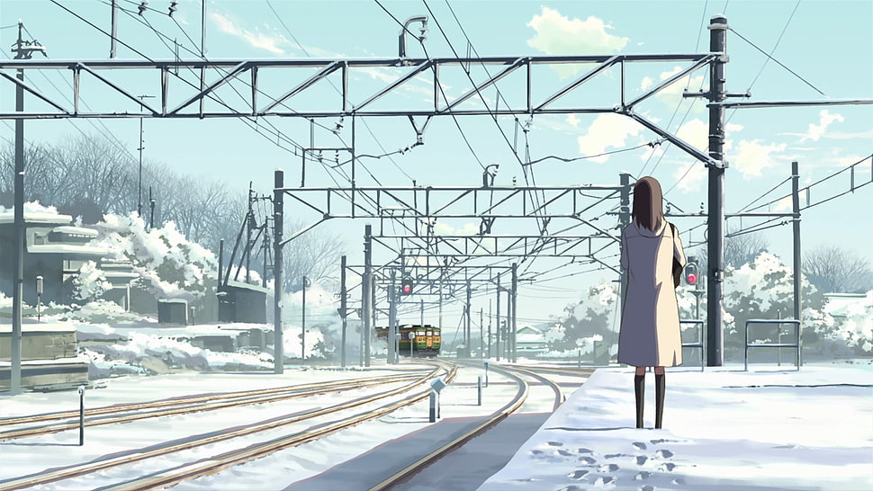 female cartoon character on train station illustration, Makoto Shinkai , anime, 5 Centimeters Per Second HD wallpaper