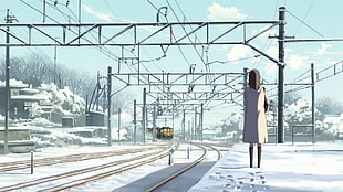 female cartoon character on train station illustration, Makoto Shinkai , anime, 5 Centimeters Per Second