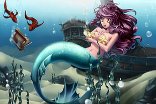 Mermaid illustration with two orange fish HD wallpaper