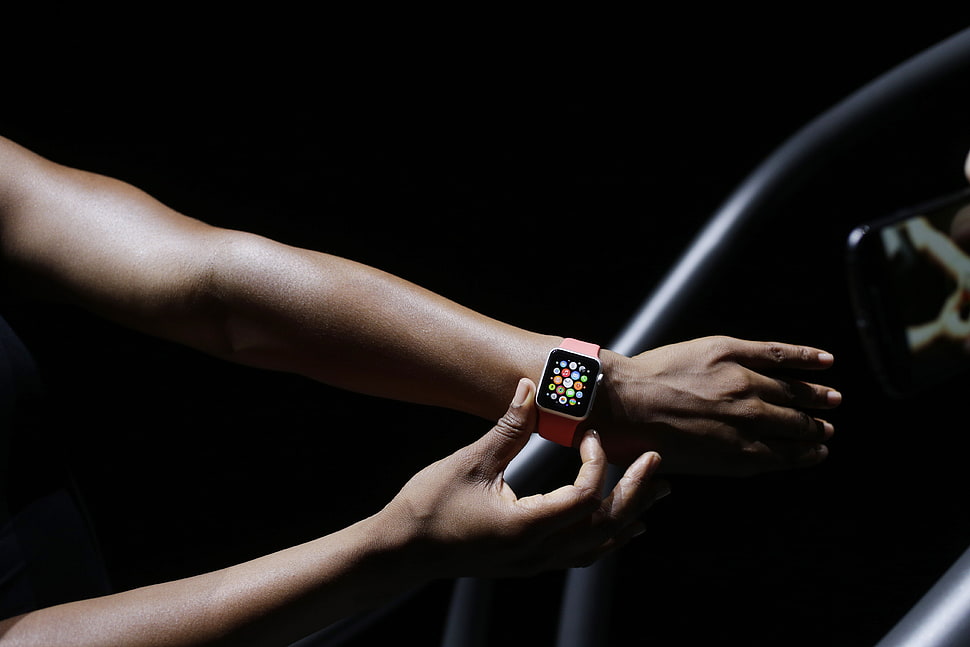 space gray Apple Watch with pink Sports Band, watch, arms HD wallpaper