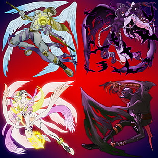 four anime characters artwork, Digimon Adventure, Digimon, angewomon, devimon