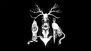 person holding knife illustration, simple background, fan art, black background, horns