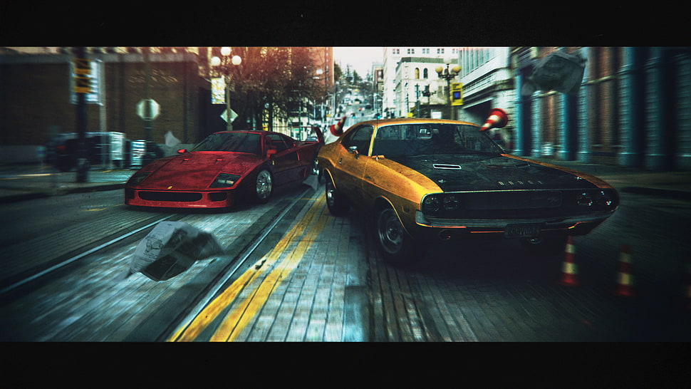 red and yellow car screengrab, Ferrari, Ferrari F40, Dodge, Dodge Challenger HD wallpaper