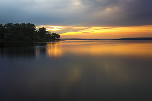 body of water near forest during golden hour photo