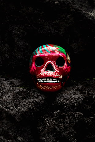 red, green, and teal decorative skull HD wallpaper
