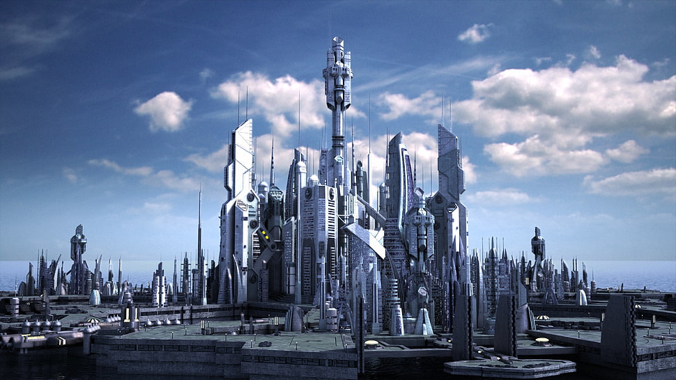 white steel buildings, digital art, fantasy art, futuristic, futuristic city HD wallpaper