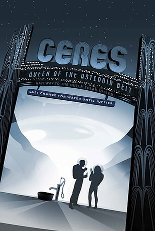 Ceres Queen of the Asteroid Belt illustration, space, planet, material style, Travel posters
