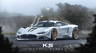 gray luxury car with text overlay, artwork, Khyzyl Saleem, Tesla Motors