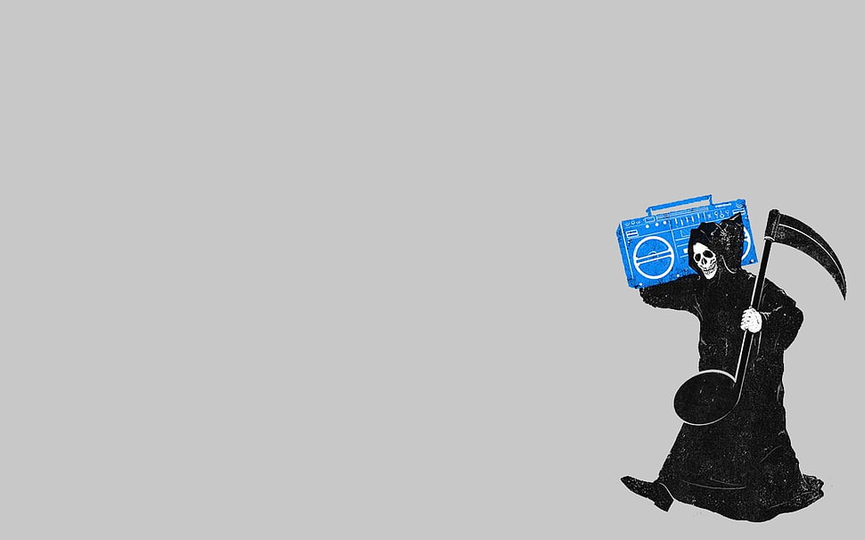 grim reaper holding boombox illustration, minimalism HD wallpaper