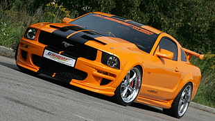 orange Ford Mustang coupe, Ford Mustang, muscle cars HD wallpaper