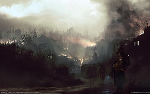 soldier wearing flamethrower digital wallpaper, apocalyptic, gas masks, artwork, futuristic
