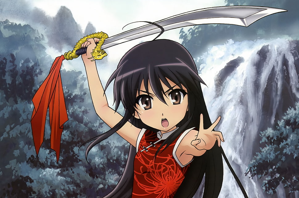black haired female anime character holding sword illustration HD wallpaper