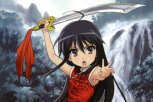 black haired female anime character holding sword illustration