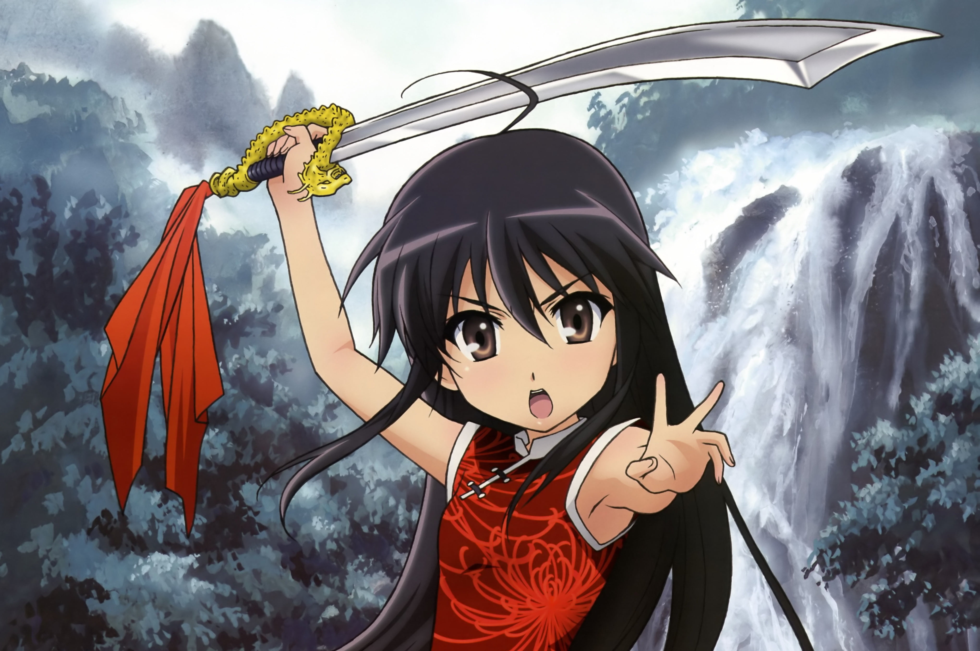 black haired female anime character holding sword illustration