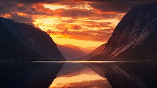 body of water between mountains in sunset wallpaper, nature, landscape, sunset, river