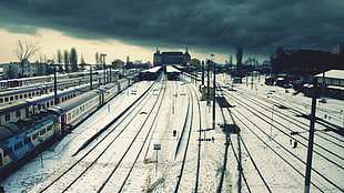 gray and red train, city, train station, railway, snow