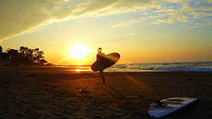 white surfboard, surfing, sea, clouds, sunlight HD wallpaper