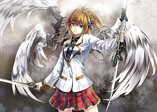 dressed female anime character holding sword with wings