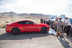 red sports coupe, Ford Mustang, desert, red cars, vehicle