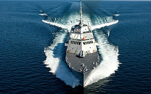 white and black battle ship, warship, military, sea, vehicle HD wallpaper