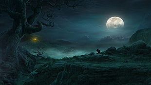 bare tree under full moon wallpaper, night, Moon, Diablo III, Diablo