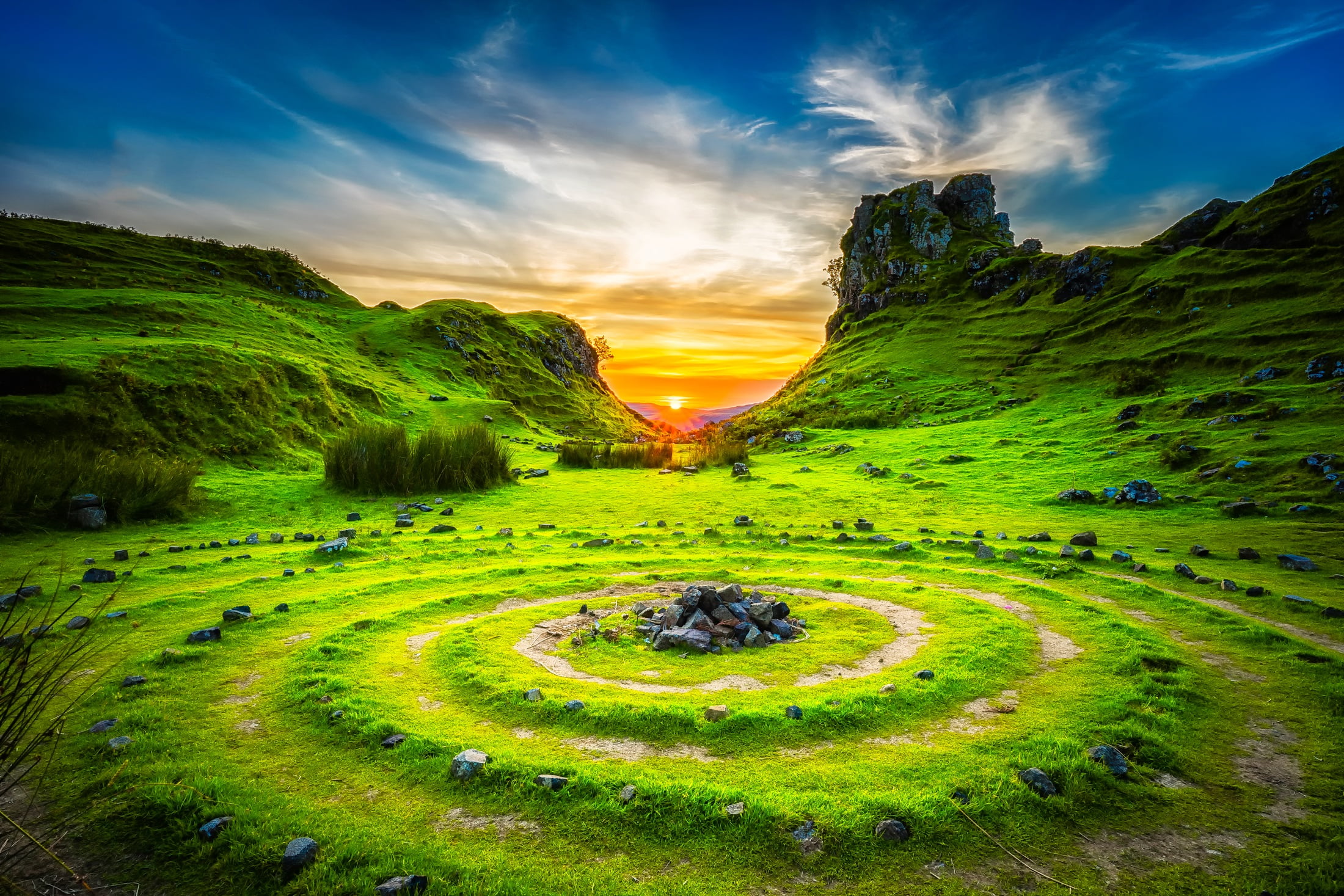 landscape photography of green meadows during sunset