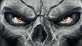 gray skull mask illustration, digital art, yellow eyes, closeup, creature
