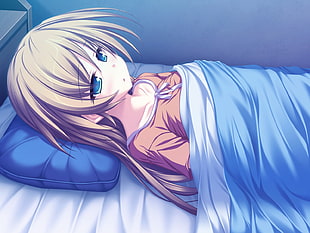 blonde haired female anime character lying on bed