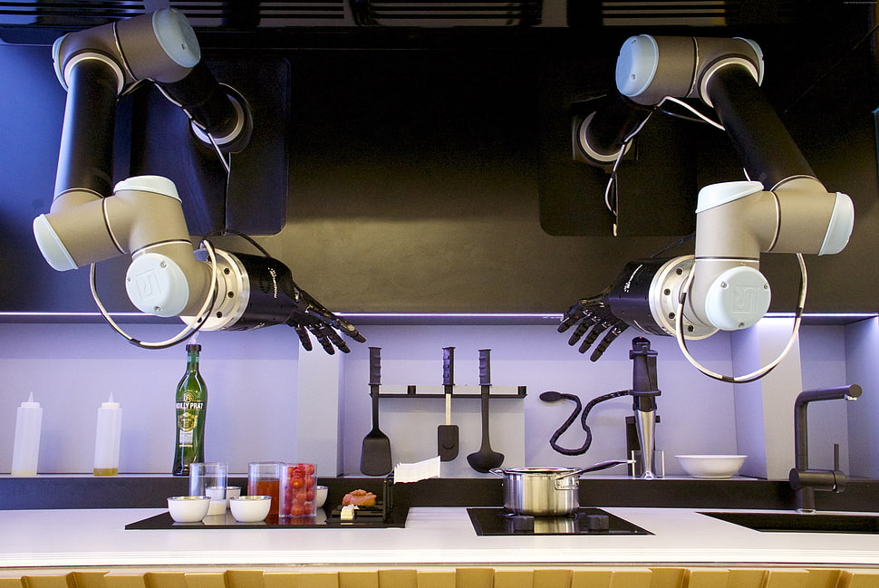 robotic hands in front of kitchen with utensils HD wallpaper