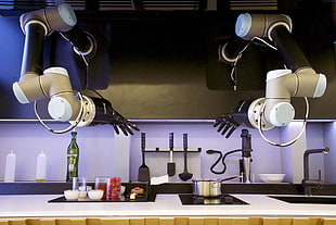 robotic hands in front of kitchen with utensils HD wallpaper