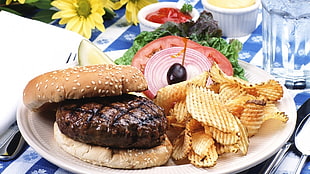 grilled burger with fries and onions, burgers, chips, Fries, food
