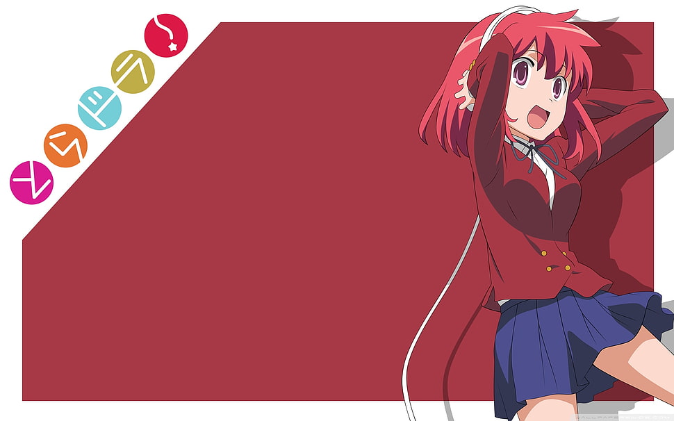 female anime in red dress shirt illustration HD wallpaper