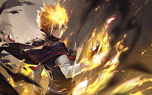 yellow haired anime character, blonde, cape, fire, Katekyo Hitman Reborn! HD wallpaper