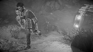 man carrying boy digital wallpaper, video games, The Last of Us, monochrome