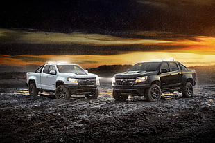 two white and black extended cab pickup trucks HD wallpaper