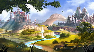 castles and river wallpaper, landscape