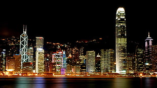 high-raise buildings, skyline, night, Victoria Harbour, Hong Kong HD wallpaper