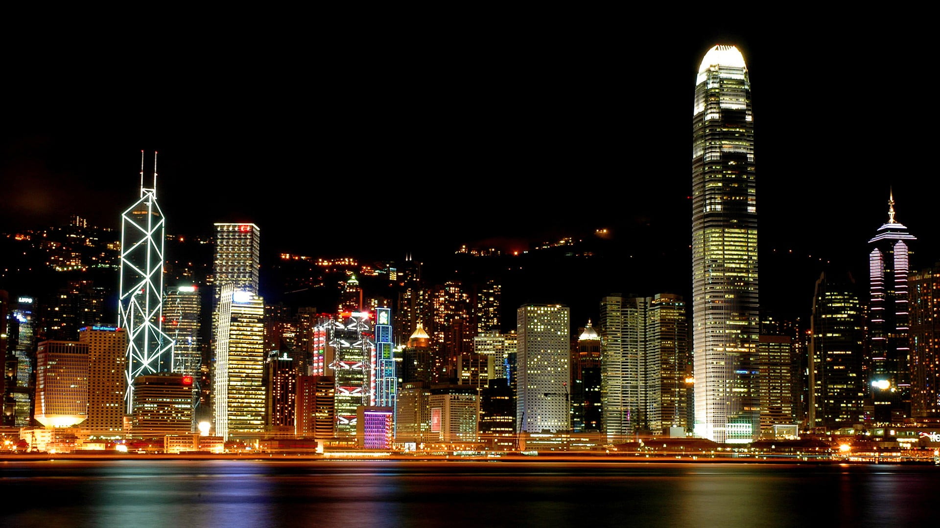 high-raise buildings, skyline, night, Victoria Harbour, Hong Kong