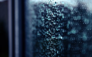 selective focus photography of water droplets in clear glass panel