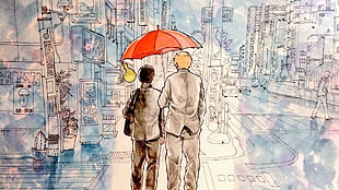 two person holding red umbrella artwork, painting, watercolor, artwork, warm colors