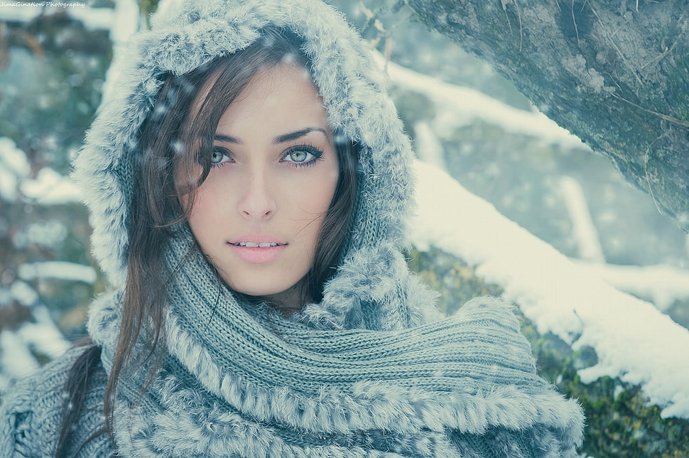 photo showing woman in gray scarf HD wallpaper
