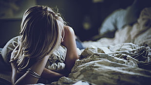 women's white shirt, in bed, blonde, lying down, bangles HD wallpaper