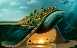 whale island with seashore under illustration, surreal, whale, stairs, split view HD wallpaper