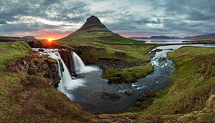 green mountain, nature, sunset, Iceland, waterfall