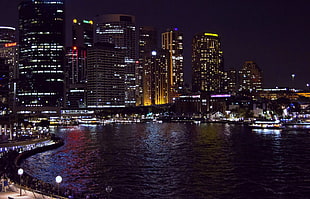 high rise buildings near body of water at night