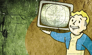man lifting TV illustration, Fallout, test patterns, graffiti, Pip-Boy