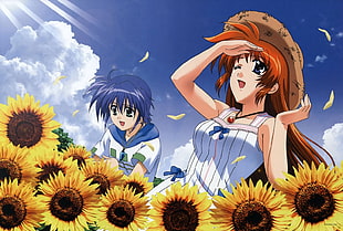blue and brown haired girl anime character at the sunflower farm illustration during daytime